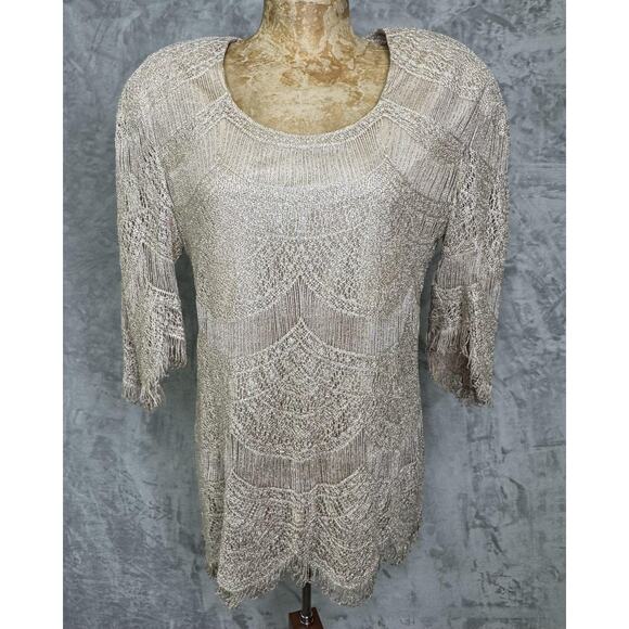 Neiman Marcus Top Womens Small Gold Metallic Fringe Crochet Knit Scallop Hem Vtg - Picture 1 of 11